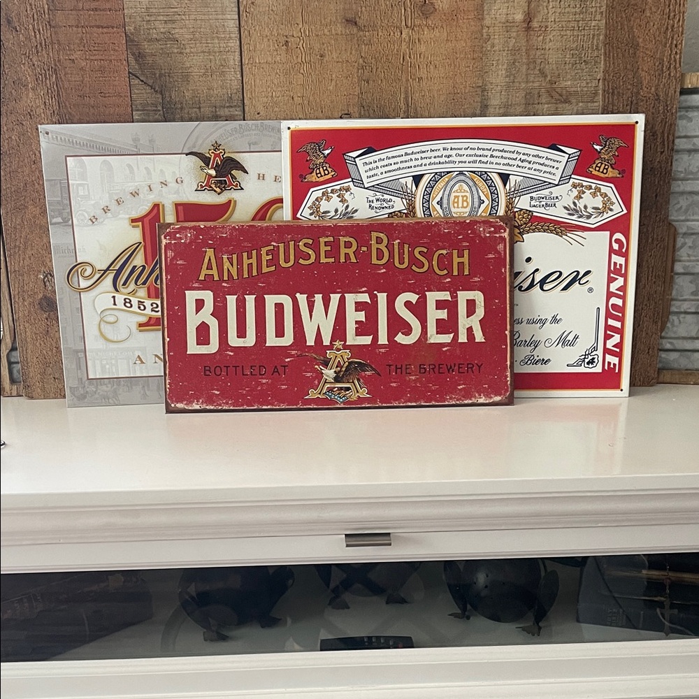 Anheuser-Busch and Budweiser Red and White Decorative Signs
